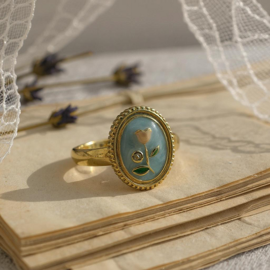 Vintage Bloom Oval Ring – Sky Blue