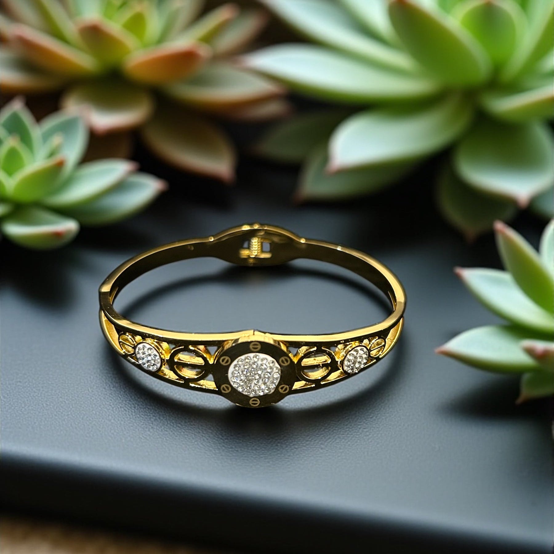anti tarnish Gold colour bracelet with intricate design on a dark surface surrounded by succulents